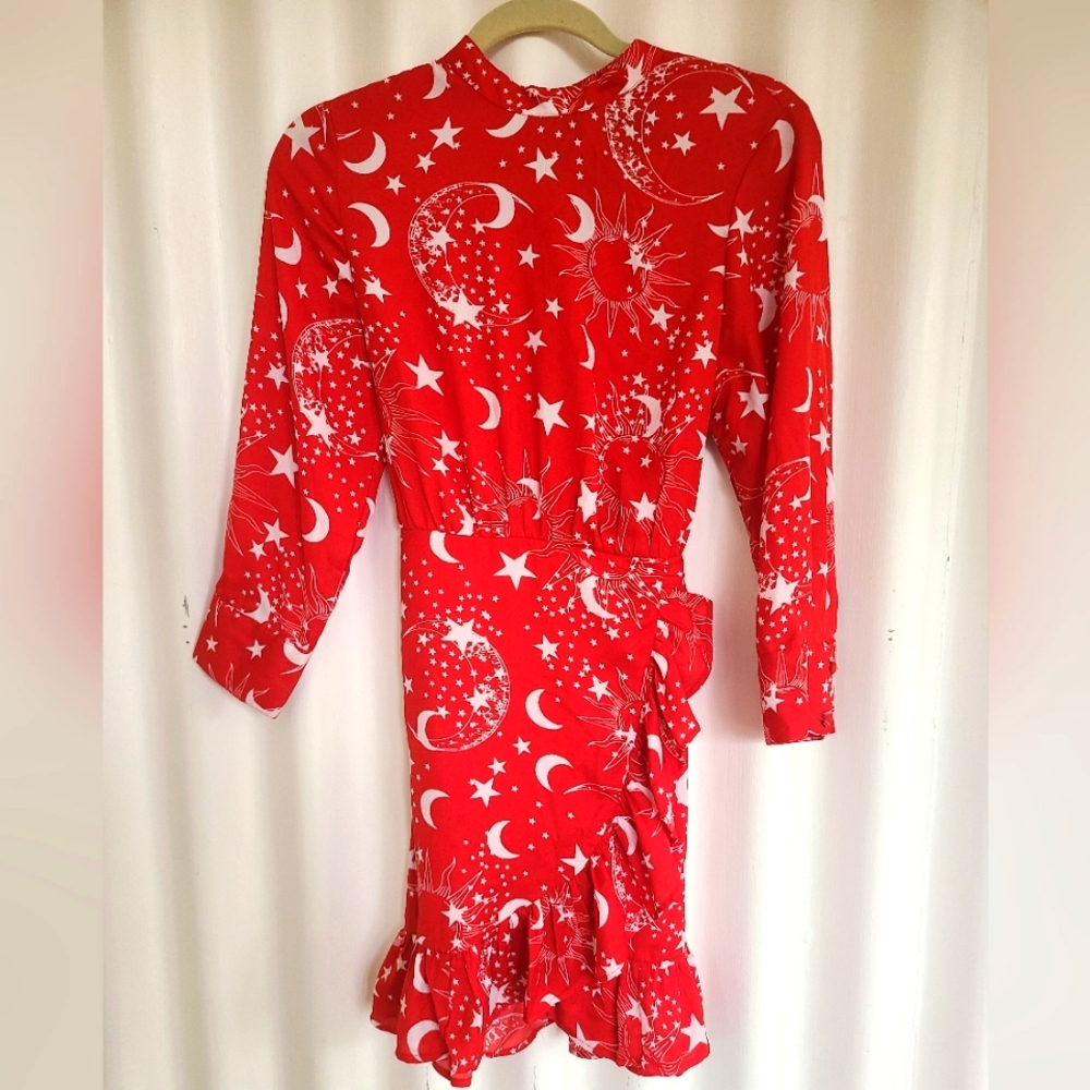 asos wrap front mini dress with high neck in star print